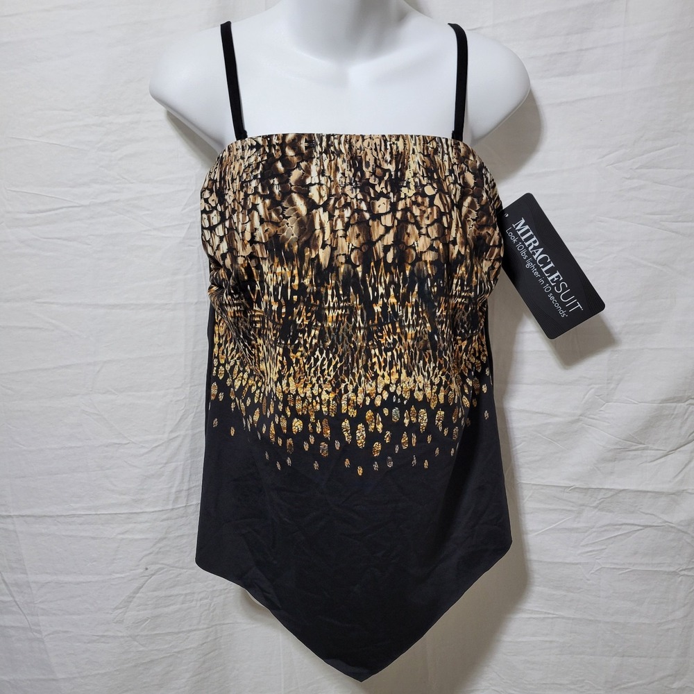 Miraclesuit size 10 Hankini tankini black brown removable straps wired NEW
